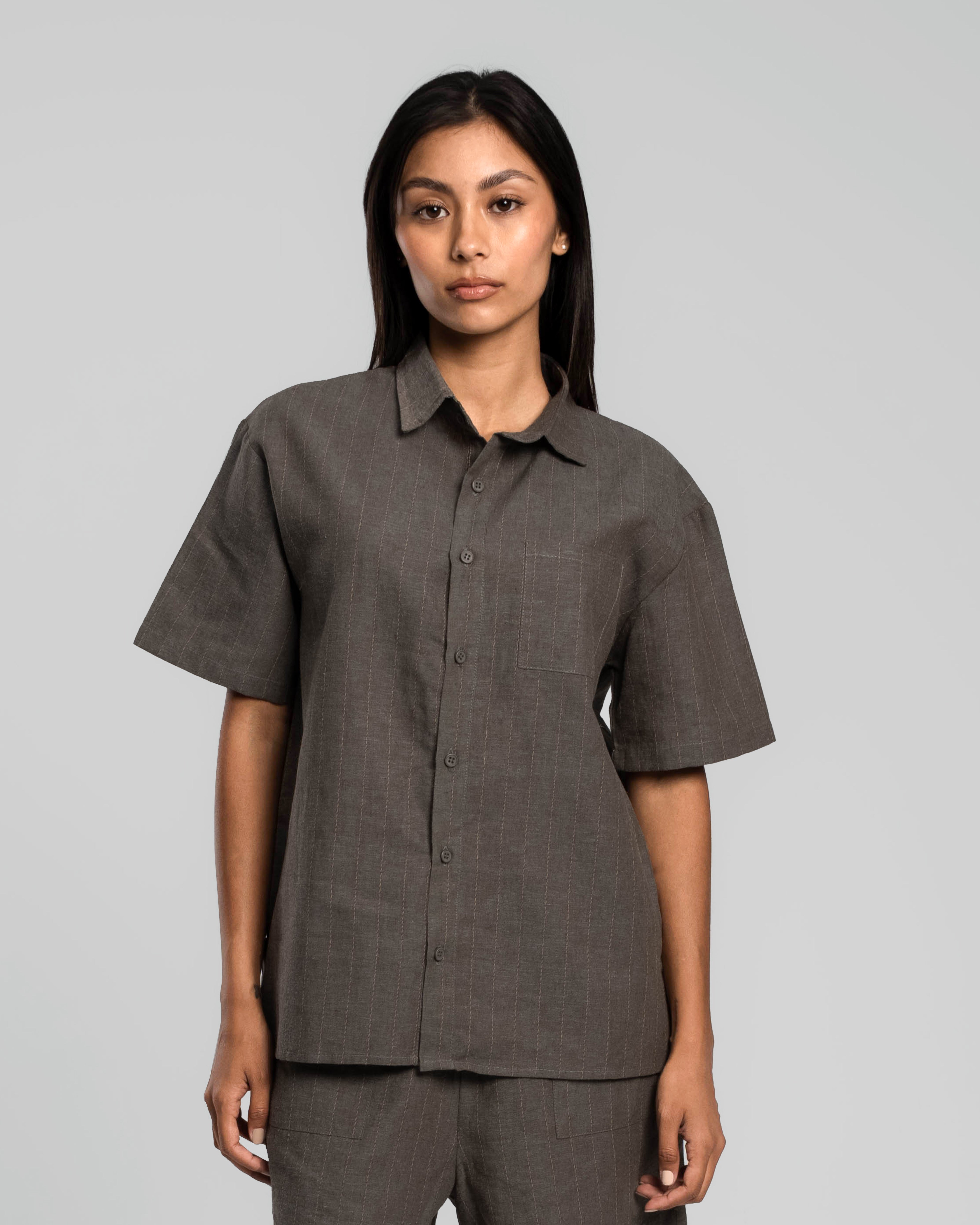 DUSTY OLIVE PINSTRIPED LINEN SHIRT