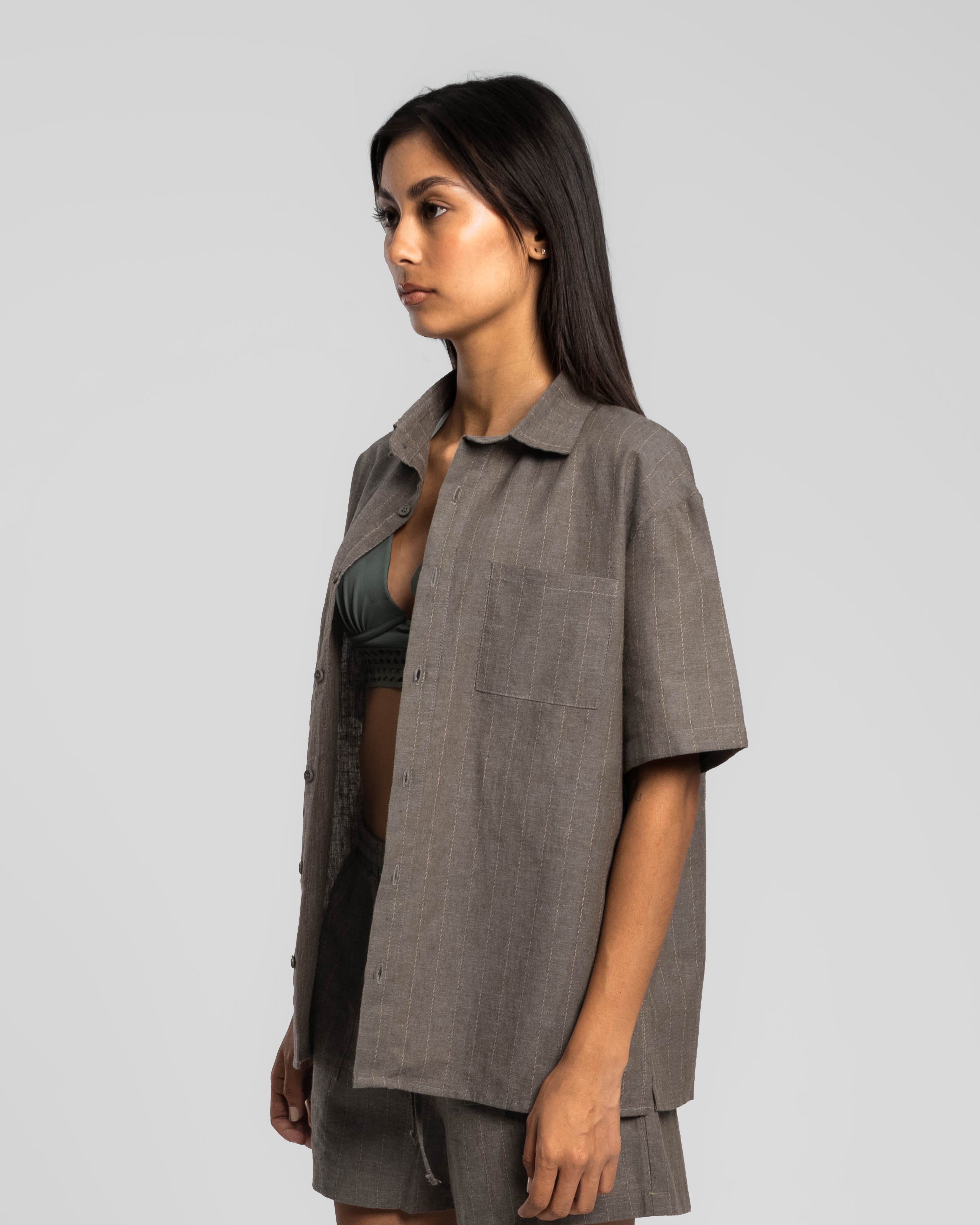 DUSTY OLIVE PINSTRIPED LINEN SHIRT