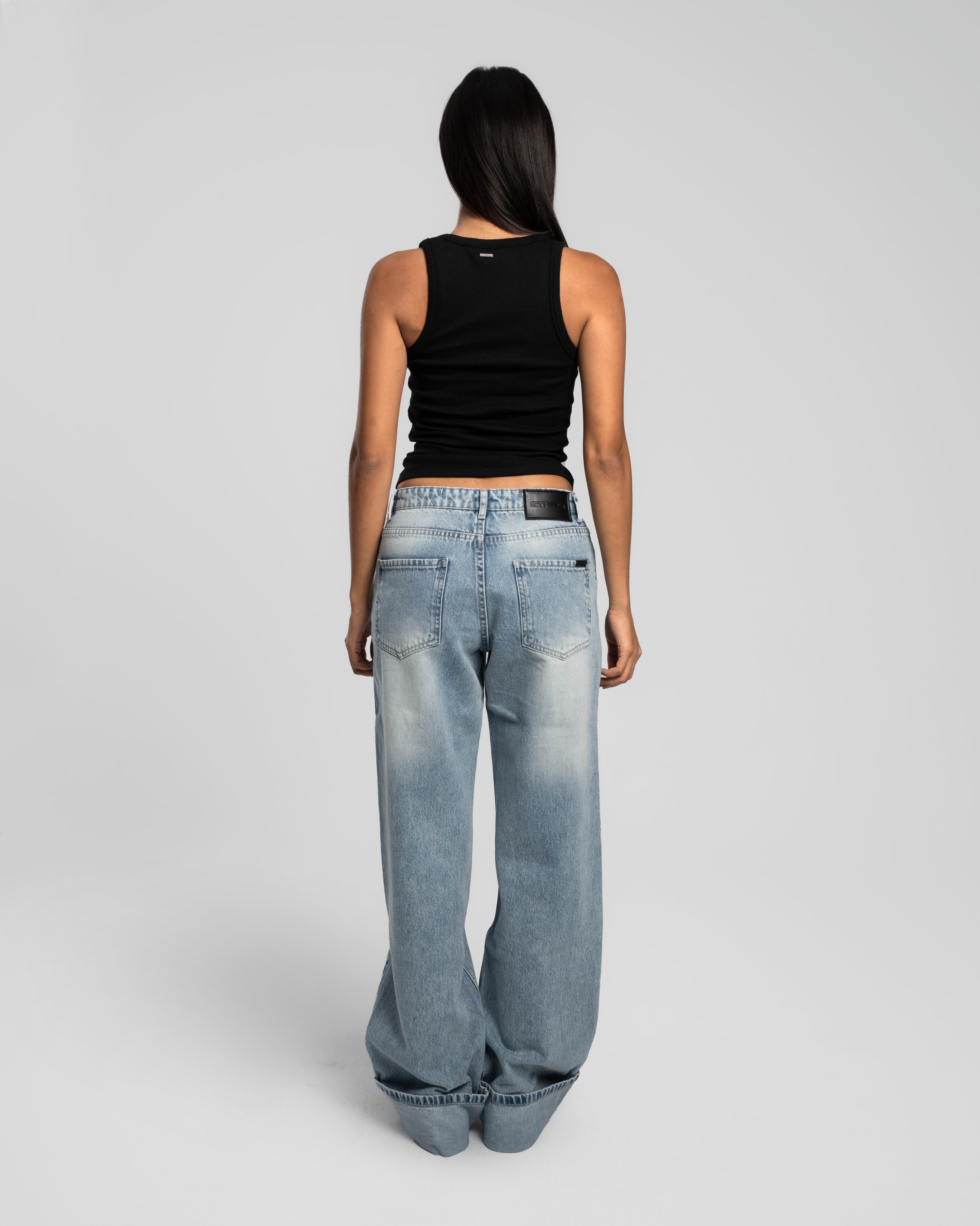 ICEY BLUE ROLLED HEM RELAXED MID RISE JEANS